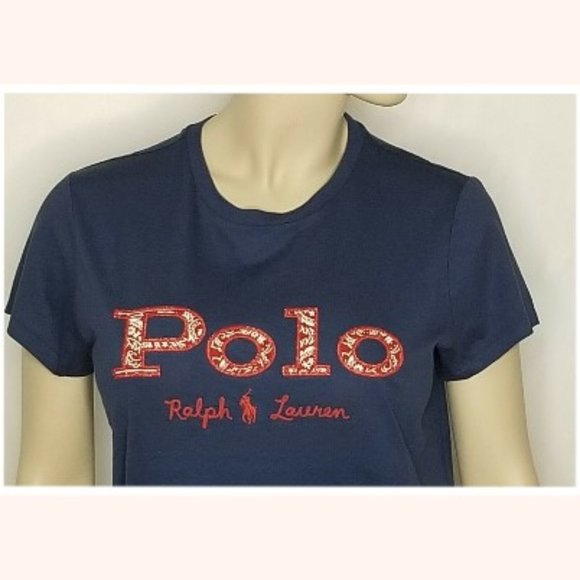 Polo Ralph Lauren Womens Navy Cotton Graphic Red Logo T-Shirt - Picture 2 of 4